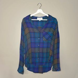 Cloth and Stone for Anthropologie Blue Plaid Flannel Shirt Size L